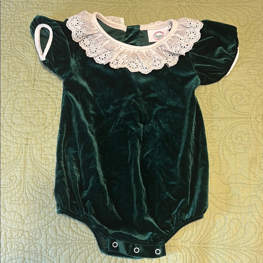 Green Velvet Baby Bubble with Lace Collar